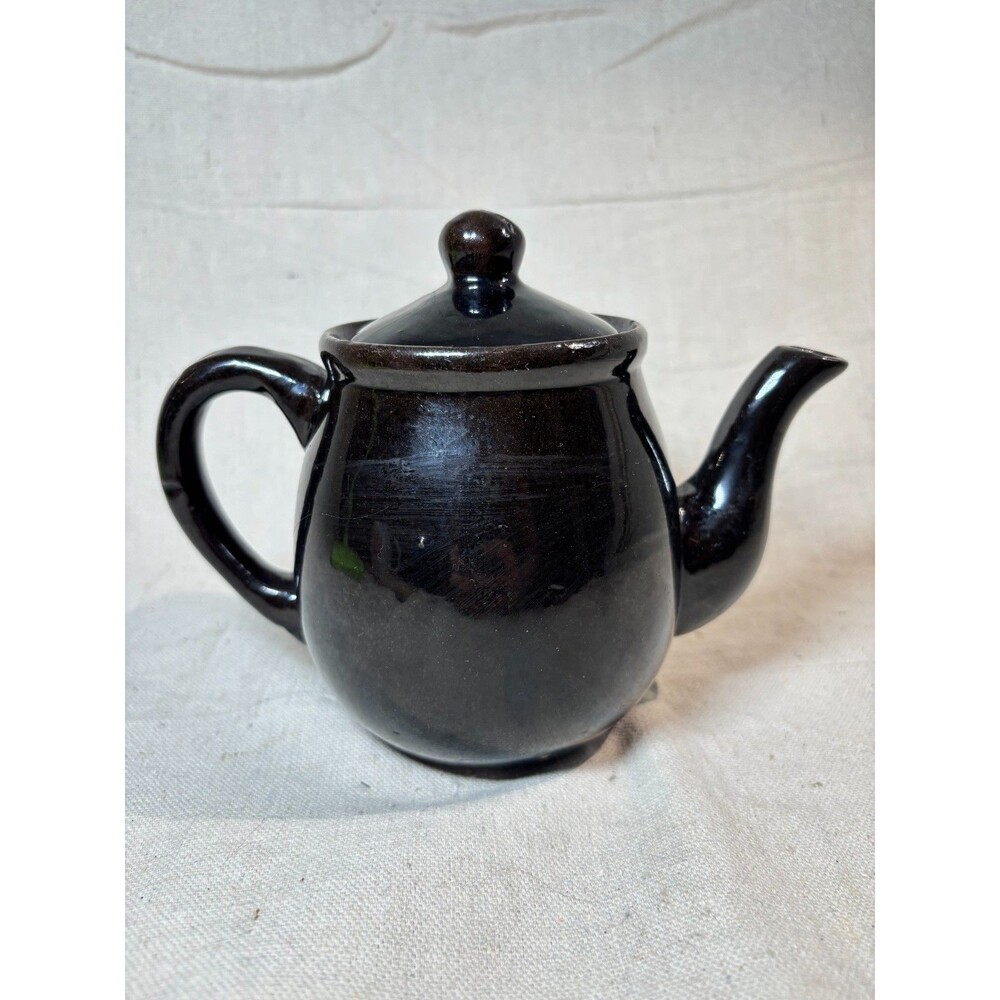 Black Glazed Red Ware Teapot 5.25" Tall 4" Wide Flawed Simple 1143
